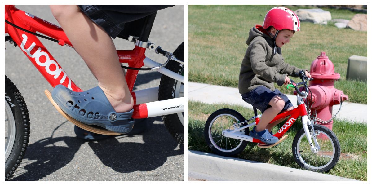 Close up of the WOOM 1 Plus surfboard footrest and 6-year-old gliding using the footrest