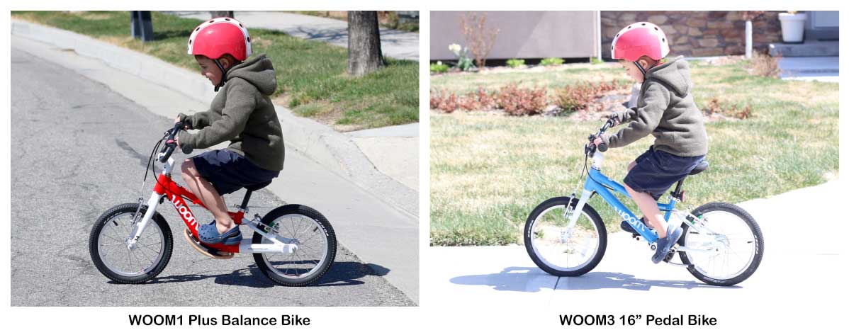 Comparing the size of the WOOM 1 Plus and the WOOM 3 16" Pedal Bike - side shot of same 6-year-old riding both.