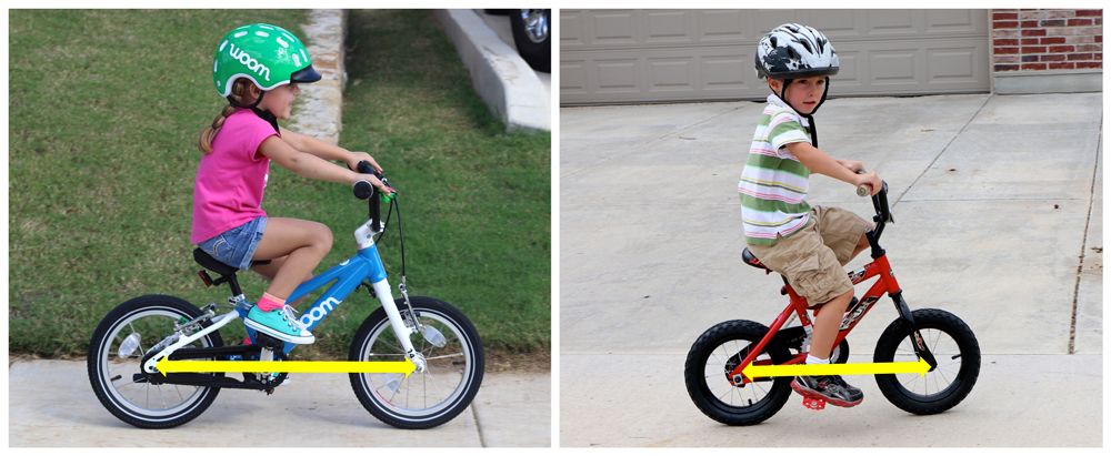 Side shot of WOOM 2 vs budget bike from Walmart. The Wheelbase on the WOOM 2 is MUCH longer, allowing for more space for the rider to ride.