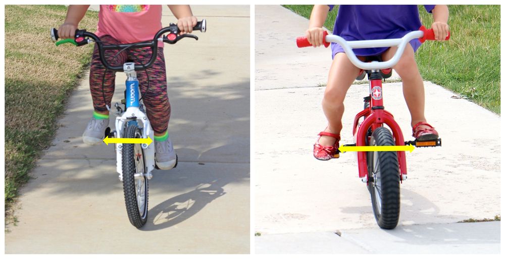 side by side comparison of a narrow kids bike and a wide kids bike. A narrow bike will making learning to ride a bike much easier