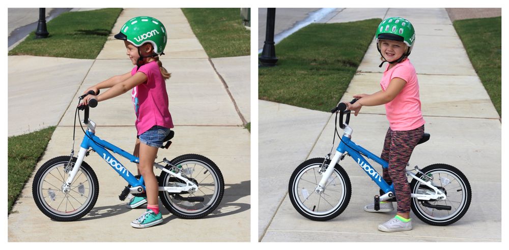 Side shots comparing sizing of the WOOM 2 bike for a girl with a 16.5" inseam and another girl with a 18.25" inseam.