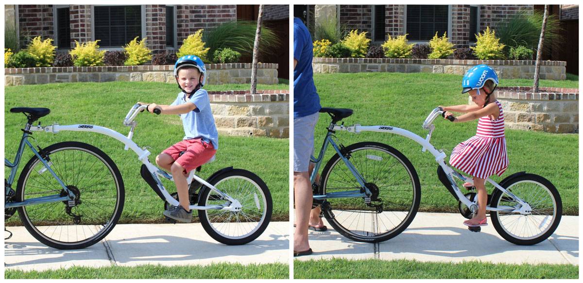 Side shot of 6 year old and 4 year old on Co-Pilot to show sizing. Both can reach the pedal and both have the handlebars rotated towards them,.
