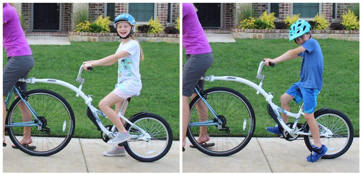 Side by side shot of fit of 10 year old and 8 year old on weeride copilot