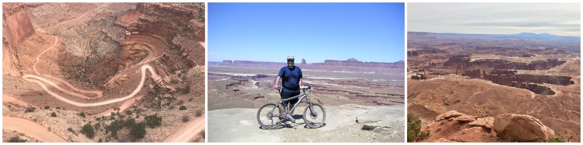 View from above of a winding canyon trail in Canyonlands National Park. Man standing with his mountain bike at overlook of Canyonlands National Park.