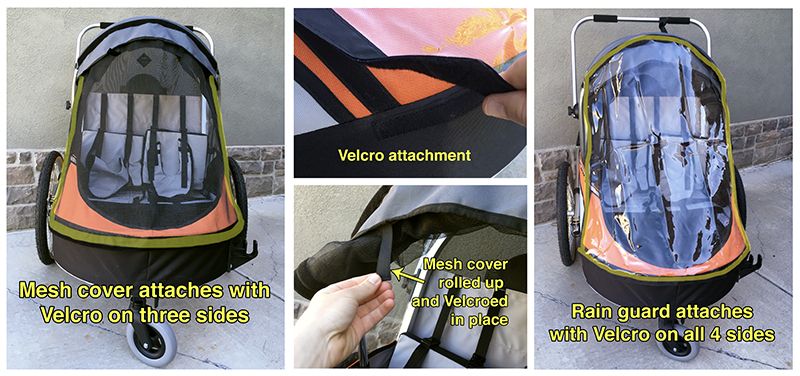 Collage showing how mesh cover and rain guard attach via velcro on the Wike Premium Double bike trailer