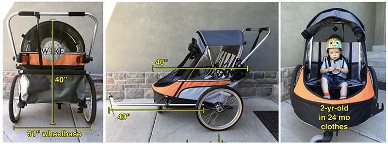 Collage showing external dimensions of the Wike Premium Double bike trailer