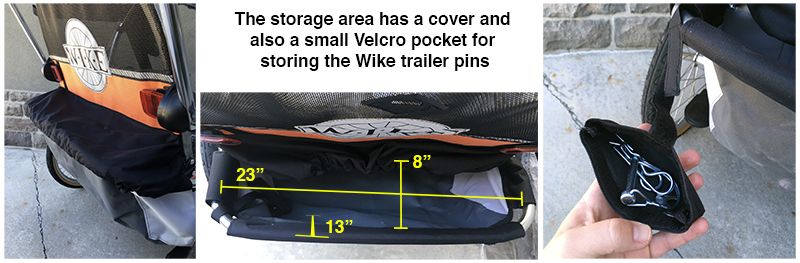 Collage showing storage area on back of Wike Premium Double bike trailer