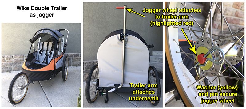 Collage showing the Wike Premium Double trailer as a jogger and how the jogger wheel attaches to the trailer arm