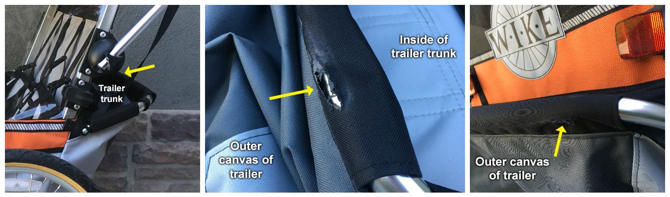 Collage showing hole in canvas on the trailer trunk of the Wike Premium Double bike trailer