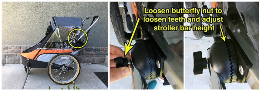 Collage showing handlebar adjustment of Wike Premium Double - easy with a simple butterfly nut