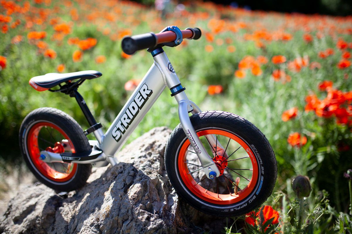 Wild Child Bikes upgrades on Strider bike - orange upgrades in an orange poppy field