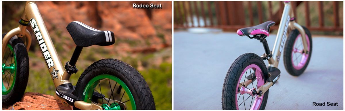 Wild Child Bikes balance bike seat upgrades showing the Rodeo seat and the Road seat