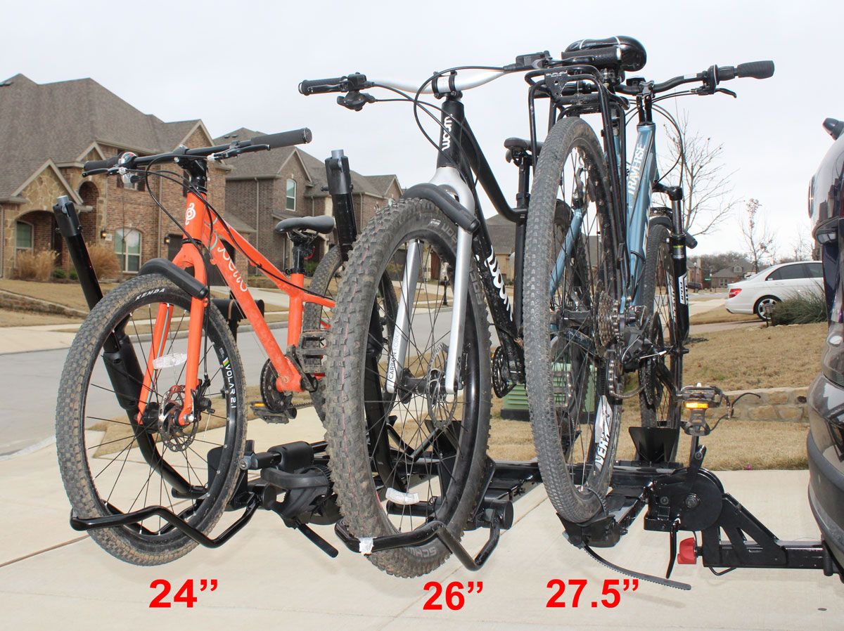 Yakima HoldUp Evo bike rack loaded with a 24 inch, 26 inch, and 27.5 inch bike