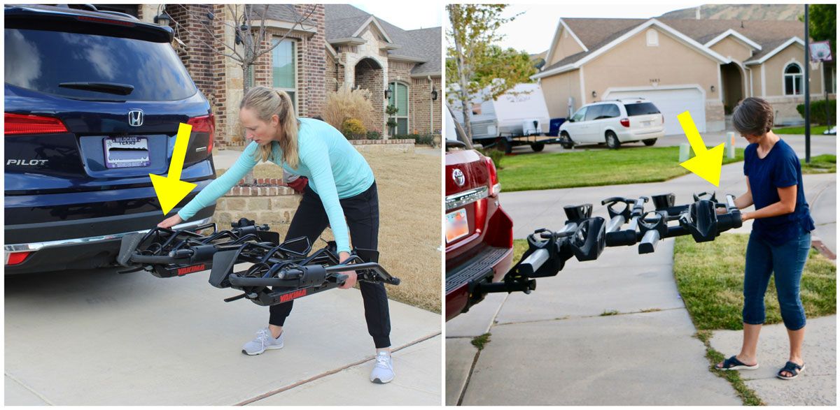 Side by side comparison of the location of the folding lever on the Yakima (base of rack near hitch), and Thule Pro XT (end of rack, easy to access)