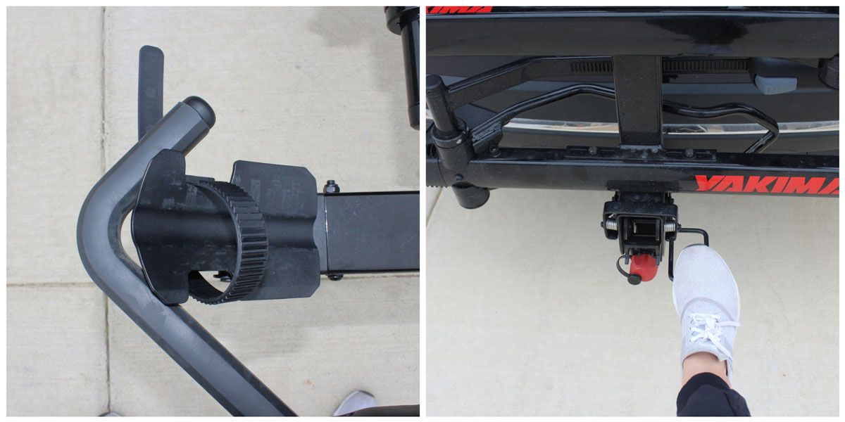 Yakima HoldUp EVO shepherd's hook stored behind the rear wheel platform. Engaging the fold down release with your foot.