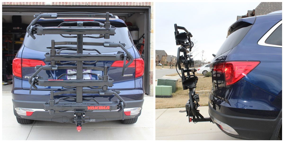 Profile of Yakima HoldUp EVO bike rack when unloaded. From the back and side.