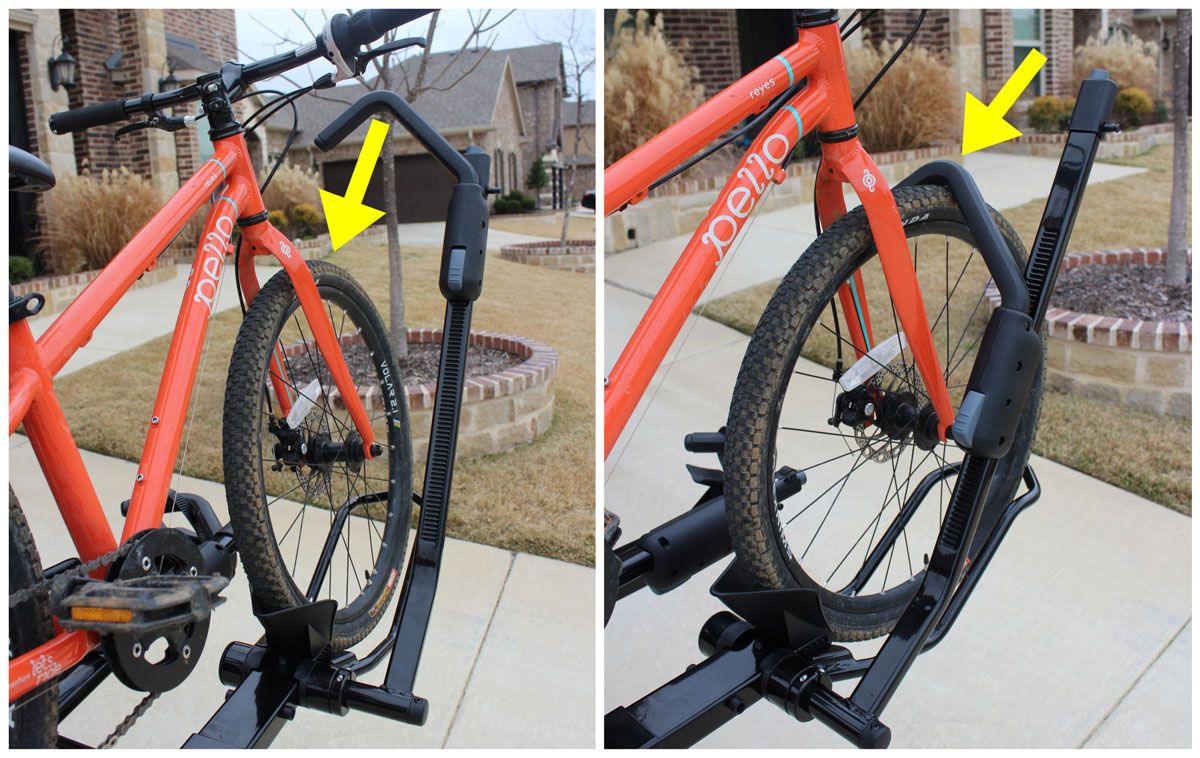 Front shepherd's hook cinches onto front tire on Yakima HoldUp EVO car bike rack