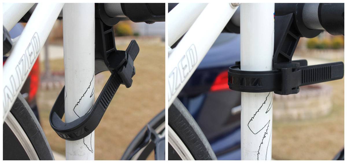 Anti-sway cradle on Yakima Ridgeback bike rack is easier to use if you tilt it away from the bike's frame to install the Zip Strip.