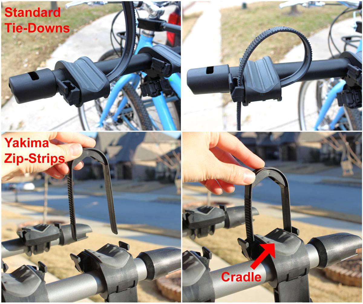 Side by side comparison of a standard tie down for a hanging bike rack, vs the Yakima ZIp Strip system
