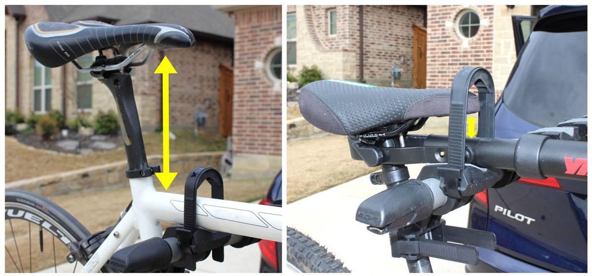 Side by side comparison of room available to install a Zip-Strip on the Yakima Ridgeback rack. Lots of room on a bike with a flat top tube. No room with a bike using a TubeTop adaptor.