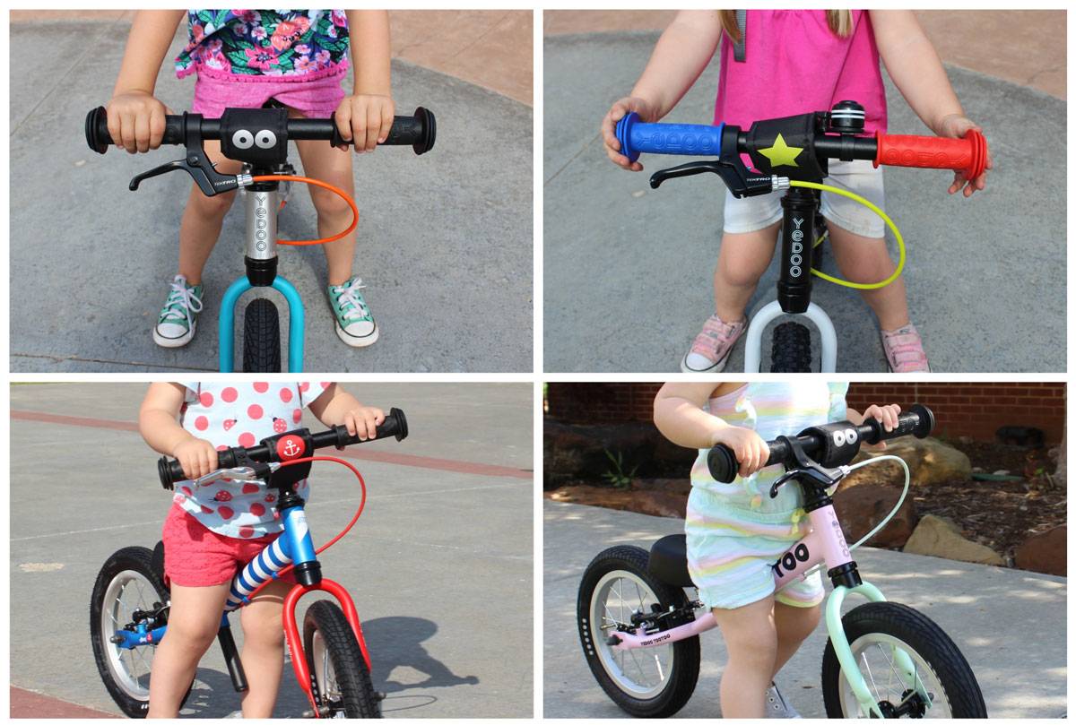 Colorful grips, brake cables and forks on Yedoo Too Too balance bikes
