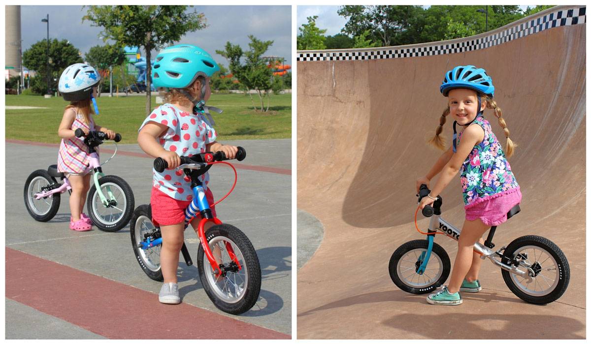 toddlers and preschoolers riding Yedoo Too Too balance bikes at the skatepark