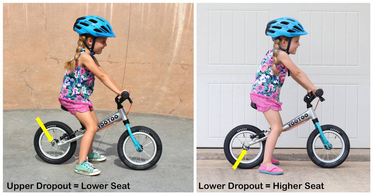 Yedoo Yoo Too has a higher maximum seat height if you use the lower dropout for the rear wheel. Side by side shot of 4 year old on the bike showing less kneebend with the lower dropout.