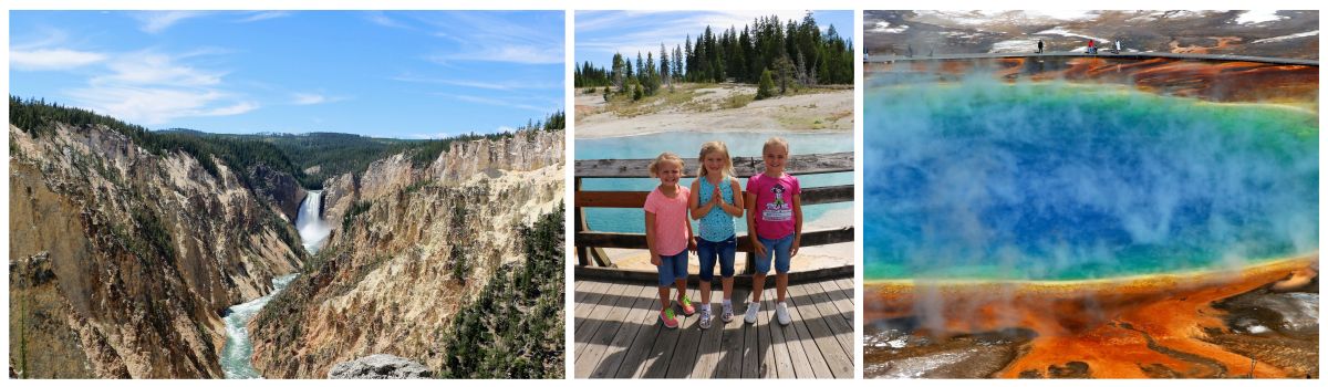 A waterfall at Yellowstone National Park. 3 kids standing in front of a hot springs pool at Yellowstone National Park.