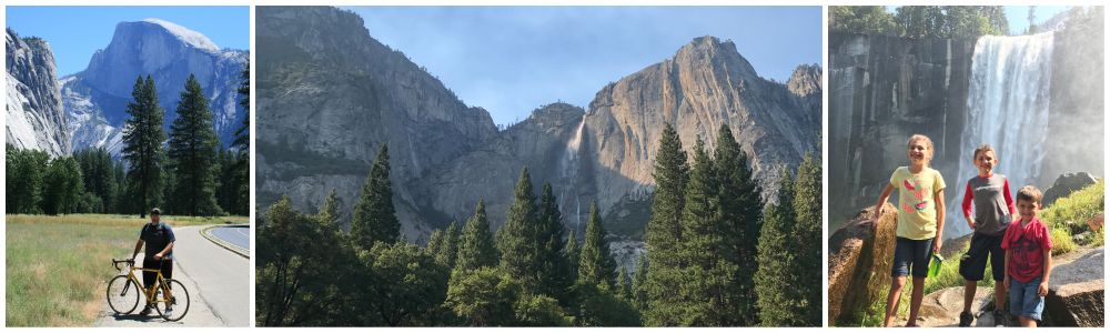 Man standing with his bike on a path with Half Dome in the background at Yosemite National Park. Epic view of waterfall at Yosemite National Park.