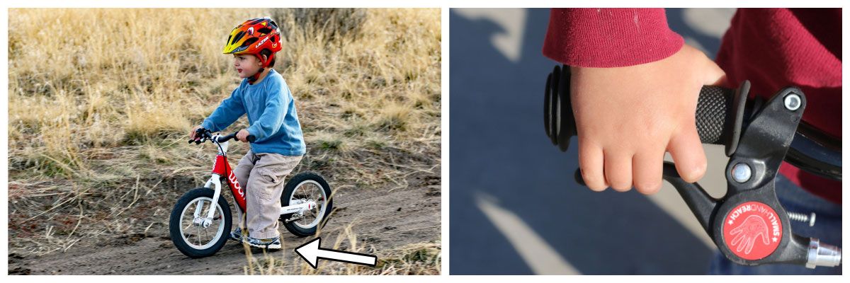 A child stopping a balance bike using his feet and then using a hand brake