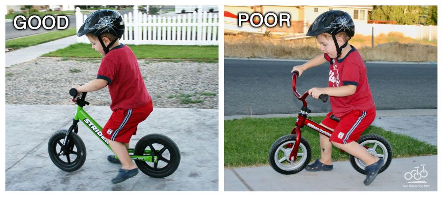 Side by side examples of a child on a good and bad balance bike: Strider (good), Chicco Red Bullet (bad)