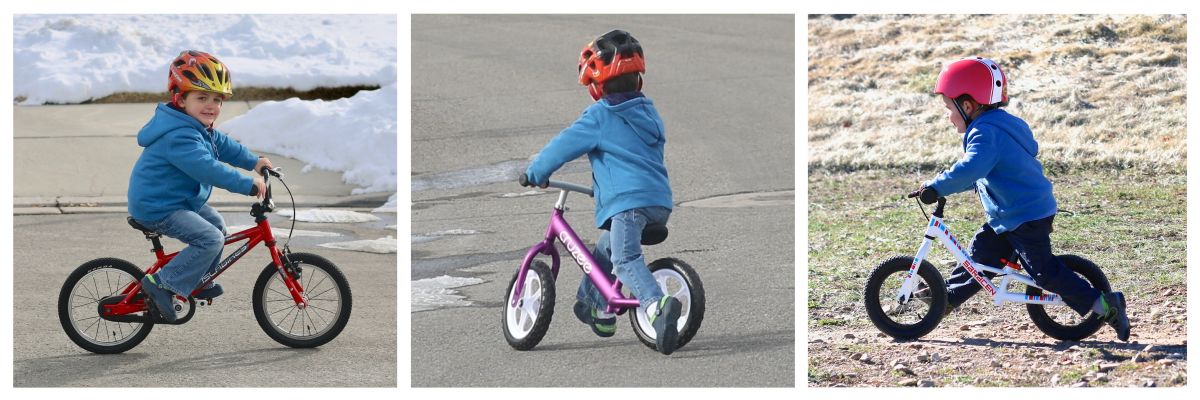 young boy riding a bike and some balance bikes