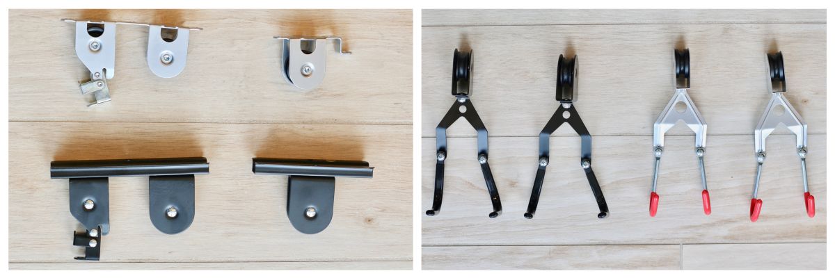 Side by side comparison of pulley systems of Racor and Delta ceiling bike hoists.