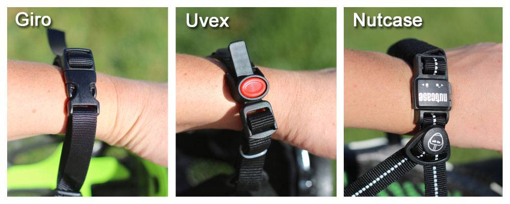 three different buckles on kids helmets, the Giro, Uvex and Nutcase.  