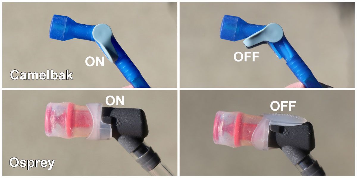 Side by side comparison of on and off functions for Camelbak Mini MULE and Osprey Moki bit valves on hydration packs.