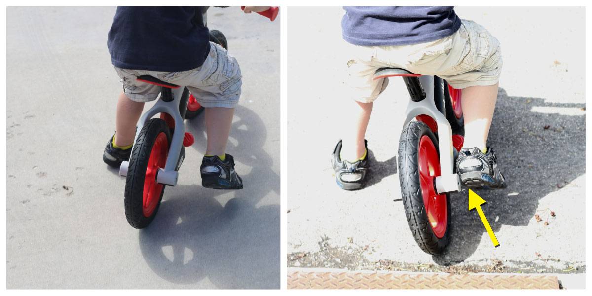 Child hitting his foot on the rear axle of the Chillafish BMXie balance bike