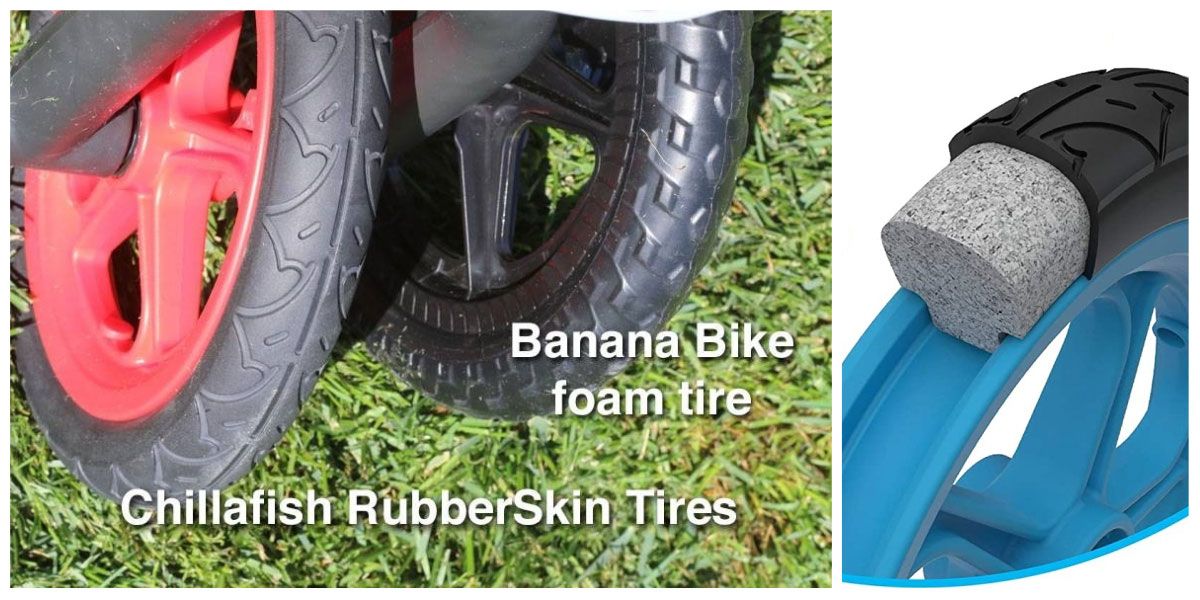 Side by side comparison of RubberSkin tires on Chillafish BMXie balance bike and foam tires on Banana Bike