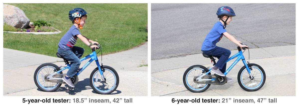 5-year-old boy and 6-year-old riding 16" cycle kids bike in blue. The 5 year old has an 18.5" inseam and is 42" tall and the 6-year-old has a 21" inseam and is 47" tall