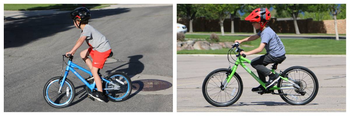 5-year-old boy riding 16" cycle kids bike in blue and the same boy riding the 20" in green