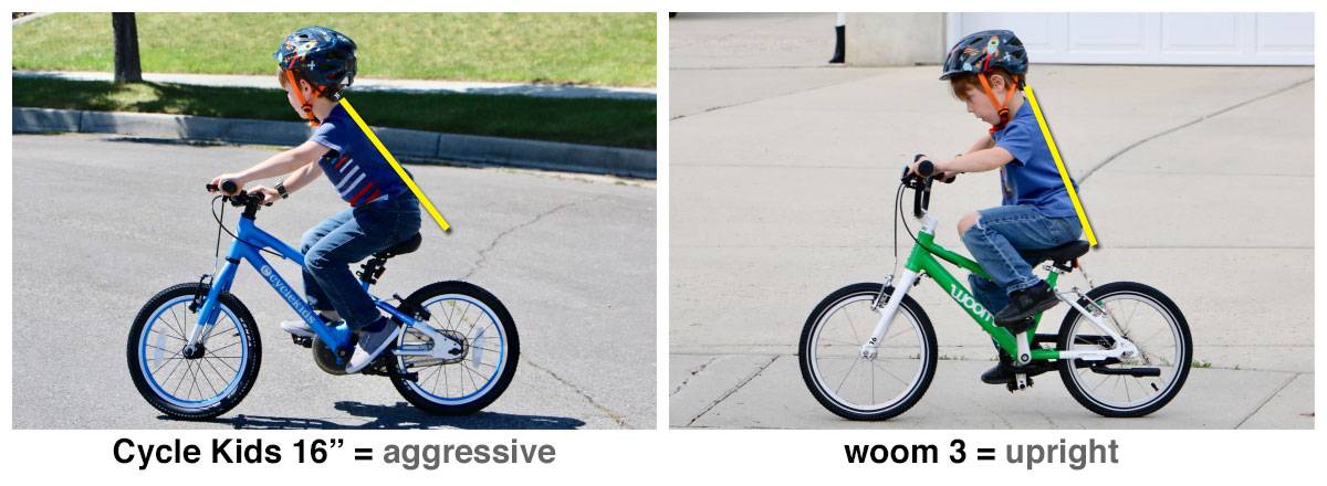 Side by side comparison of Cycle Kids 16" and the woom 3 16" kid's bike, showing the rider is much more upright on the woom 3