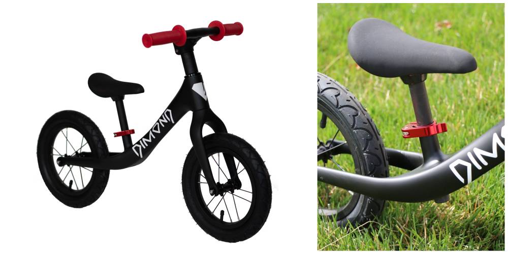 Red grips and seat clamp on Dimond Miner balance bike