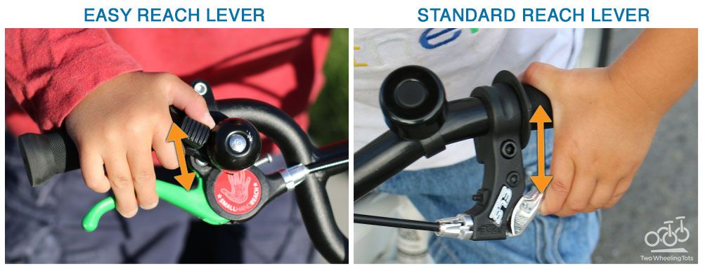 the comparison of an easy reach kid brake lever versus a standard brake lever, child's hand shown the easy reach lever is closer to the handlebar