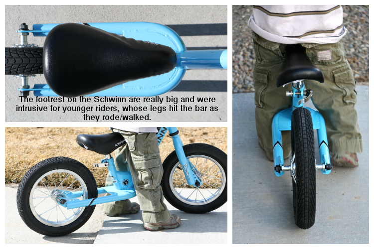 Large, obtrusive footrest on Schwinn original balance bike - kids' legs hit the footrest while riding/walking/running.