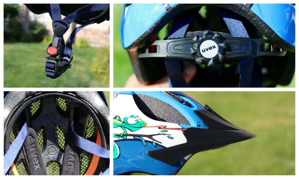 Components of the Uvex Hero kid's bike helmet. The side straps, dial adjust, visor, and inner padding.