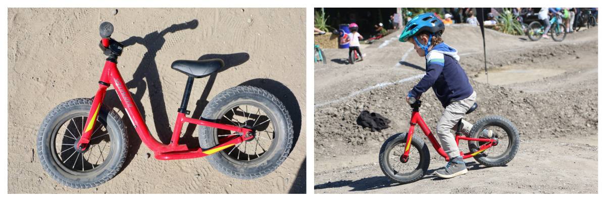 Toddler riding the 2019 Specialized Hotwalk balance bike on a pump track