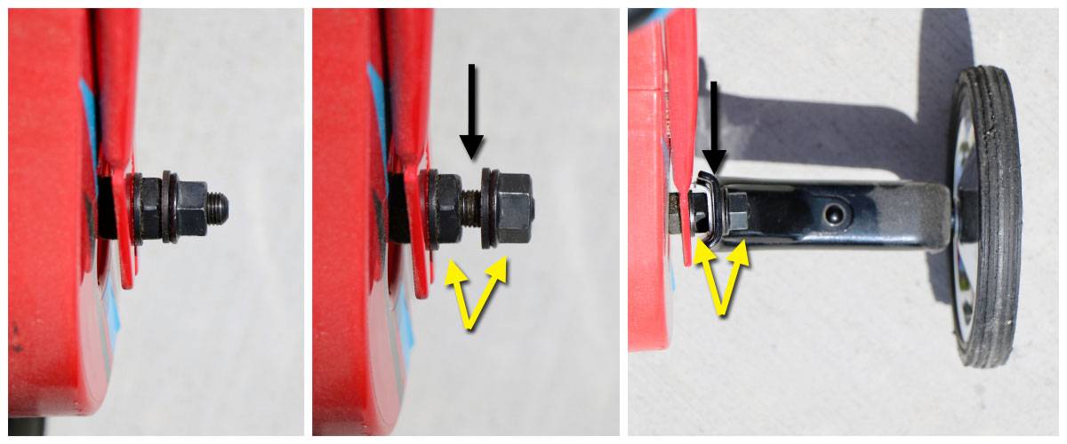 Axle bolt that the bicycle training wheel is mounted to. With and without the training wheel.