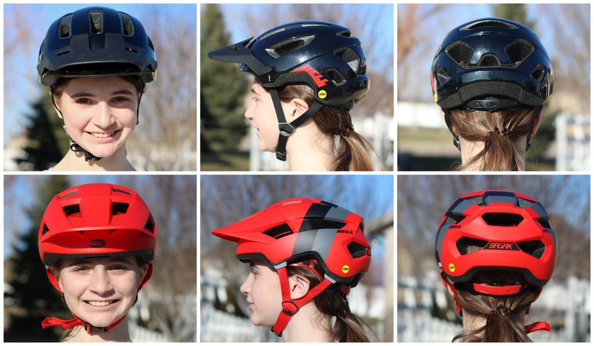 Front, side, and back shots of 12-year-old wearing the Bell Nomad Jr. MIPS helmet compared to the Bell Spark Jr. MIPS helmet. The Spark has extended coverage on the sides and back.