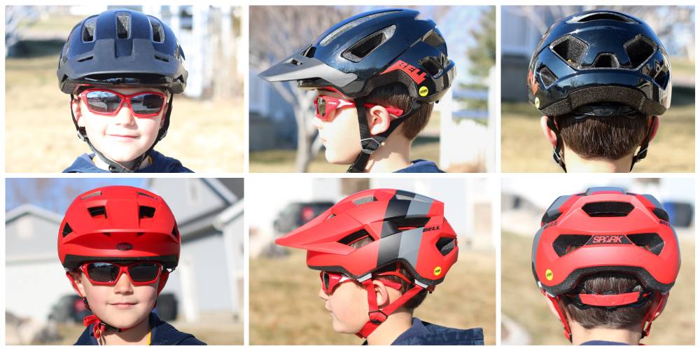 Front, side, and back shots of 7-year-old wearing the Bell Nomad Jr. MIPS helmet compared to the Bell Spark Jr. MIPS helmet. The Spark has extended coverage on the sides and back.