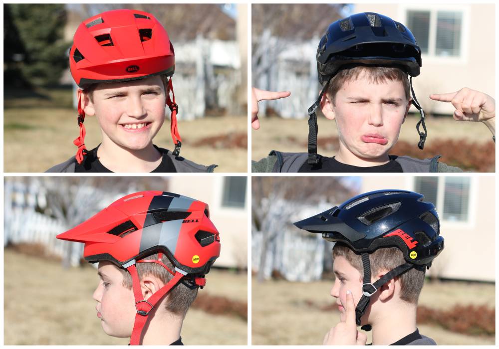 Front, side, and back shots of 7-year-old wearing the Bell Nomad Jr. MIPS helmet compared to the Bell Spark Jr. MIPS helmet. The Spark barely fits him, but the Nomad is comically too small sitting on top of his head.