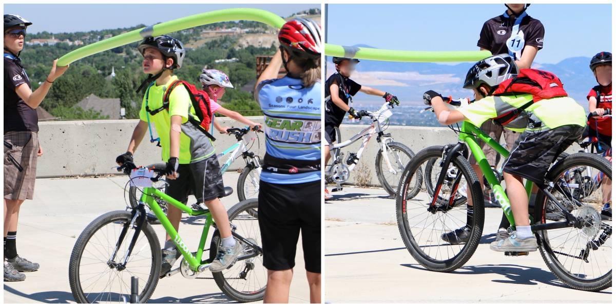 8-year-old playing pool noodle limbo on his bike